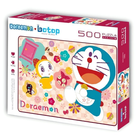 Doraemon and friends surrounded by cherry blossoms, flowers, and traditional motifs on a pink background.