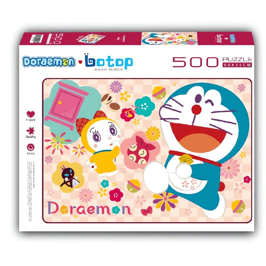 Doraemon and friends surrounded by cherry blossoms, flowers, and traditional motifs on a pink background.