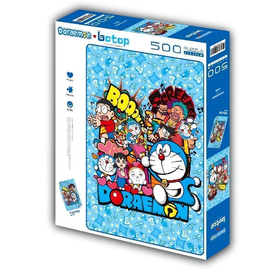 Doraemon and friends in a vibrant comic-style layout with bold words like "BOOM" and "SCREEE" on a blue background.
