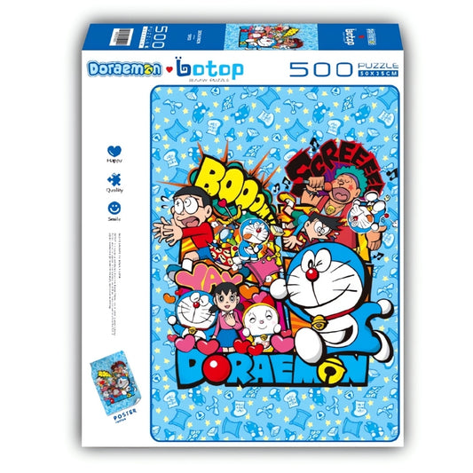 Doraemon and friends in a vibrant comic-style layout with bold words like "BOOM" and "SCREEE" on a blue background.