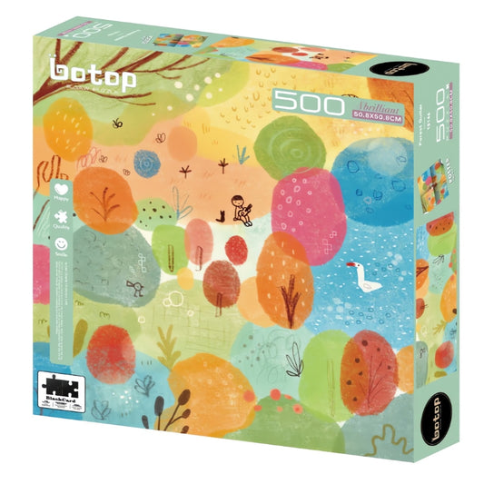 Forest Guitar puzzle box with whimsical colourful trees and child playing guitar.