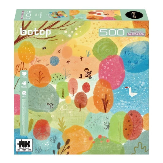 Forest Guitar puzzle box with whimsical colourful trees and child playing guitar.