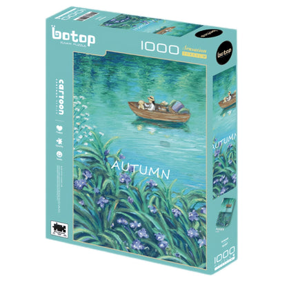 Botop 1000-piece puzzle box showing a lake scene with a person and dogs in a boat, titled “Autumn.”