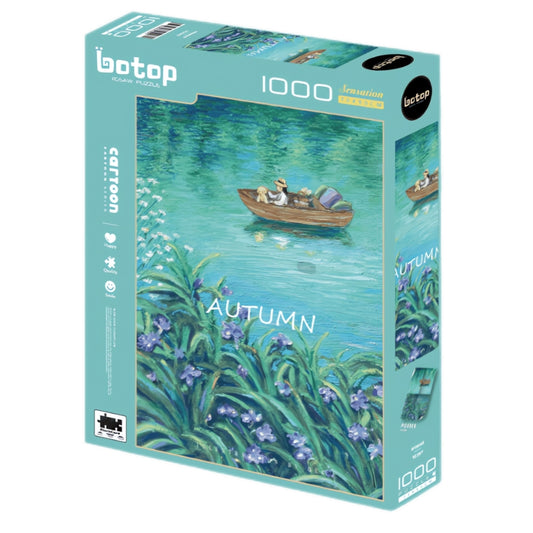 Botop 1000-piece puzzle box showing a lake scene with a person and dogs in a boat, titled “Autumn.”