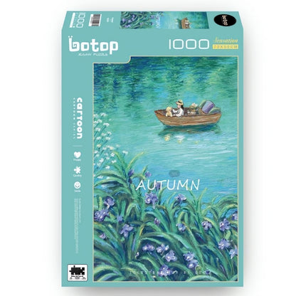 Botop 1000-piece puzzle box showing a lake scene with a person and dogs in a boat, titled “Autumn.”