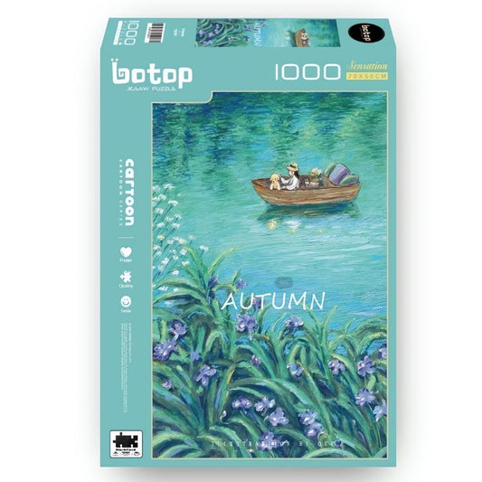 Botop 1000-piece puzzle box showing a lake scene with a person and dogs in a boat, titled “Autumn.”