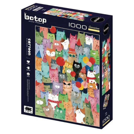 Botop Cats puzzle box with festive illustrated cats in vibrant colors