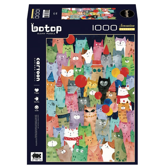 Botop Cats puzzle box with festive illustrated cats in vibrant colors