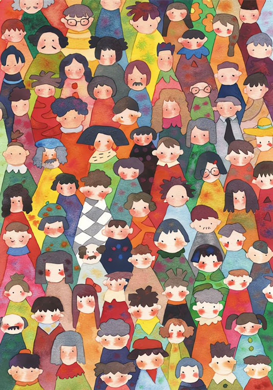 Puzzle artwork showing a lively crowd of cartoon children in multicoloured clothing with soft crayon-style textures