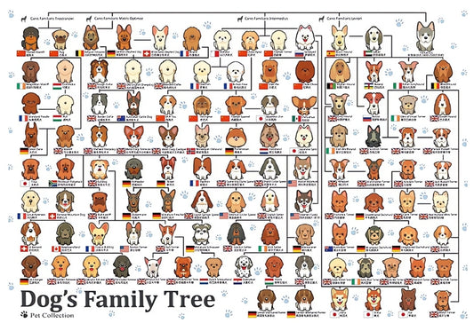 Puzzle of cartoon dog breed family tree with labeled categories and flags.