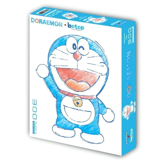 Box of Doraemon - Figure Shaped 300 Piece Puzzle by Botop featuring Doraemon sketch in blue and orange.