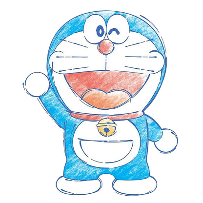 Completed Doraemon puzzle shaped like the character, showing a sketched style in blue and orange.