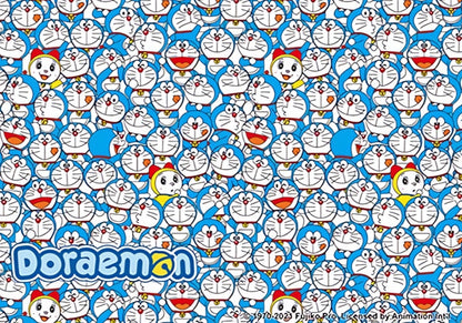 Puzzle image featuring dozens of playful Doraemon faces in a tight pattern