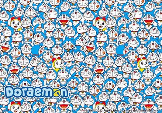 Puzzle image featuring dozens of playful Doraemon faces in a tight pattern
