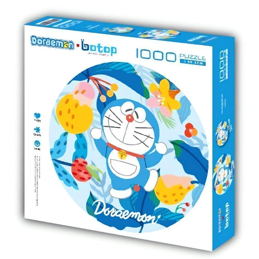 Doraemon floating joyfully among colourful leaves and fruit on a round puzzle box with blue accents.