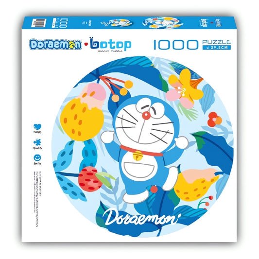 Doraemon floating joyfully among colourful leaves and fruit on a round puzzle box with blue accents.