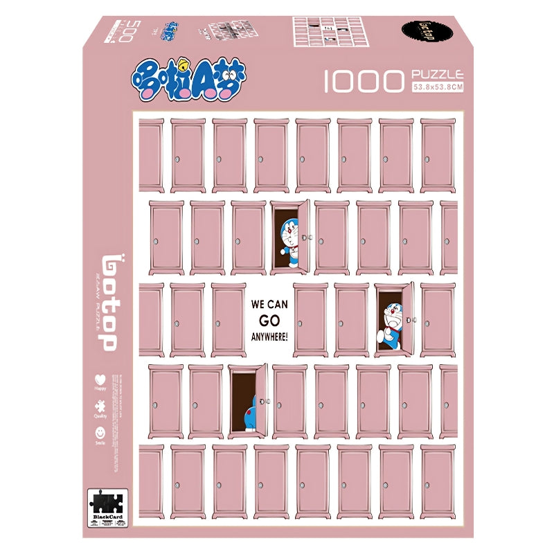 Doraemon peeking through multiple pink doors with the text 'We can go anywhere!