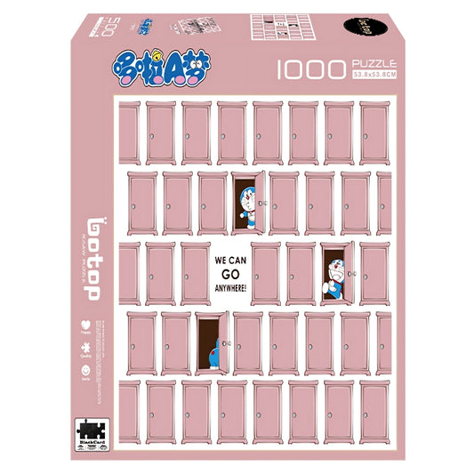 Doraemon peeking through multiple pink doors with the text 'We can go anywhere!