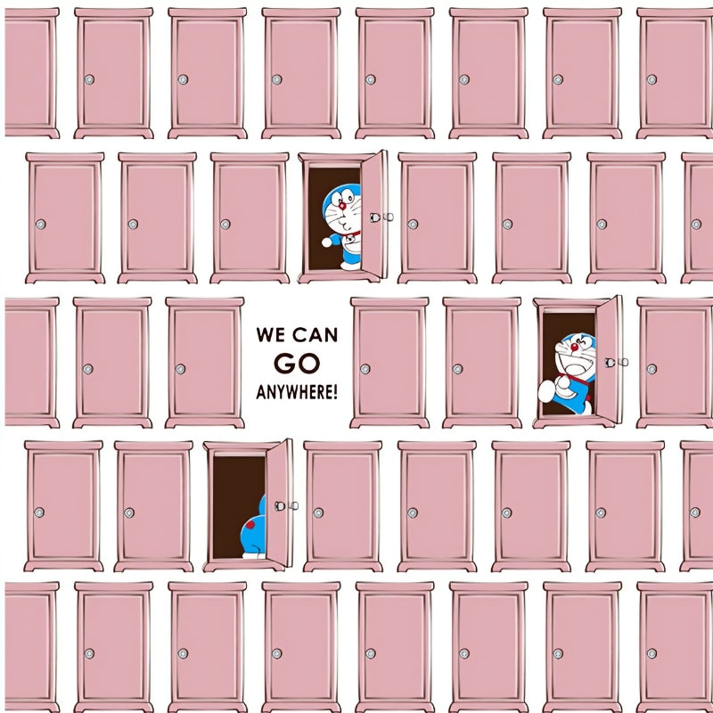 Full art work of Doraemon peeking through multiple pink doors with the text 'We can go anywhere!