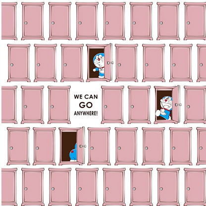 Full art work of Doraemon peeking through multiple pink doors with the text 'We can go anywhere!