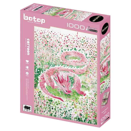 Dots Dragon 1000 piece puzzle box with pink dragon swirling through a dotted green and pink background.