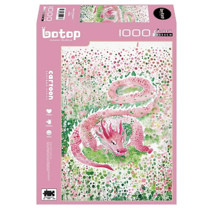 Dots Dragon 1000 piece puzzle box with pink dragon swirling through a dotted green and pink background.