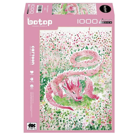 Dots Dragon 1000 piece puzzle box with pink dragon swirling through a dotted green and pink background.