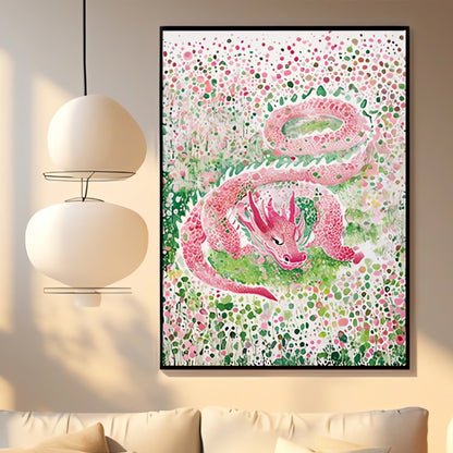 Framed Dots Dragon puzzle artwork displayed above a cream sofa in a modern, softly lit room.
