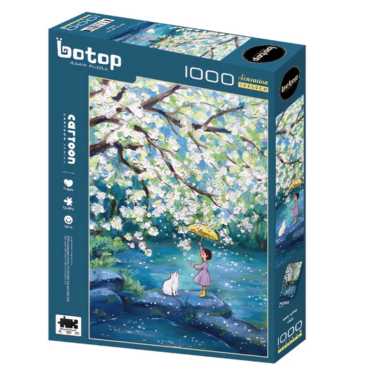 Botop Early Spring puzzle box with girl and cat under blooming tree