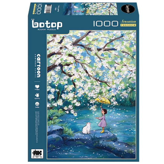 Botop Early Spring puzzle box with girl and cat under blooming tree