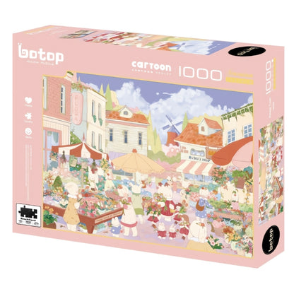 Flower Town Botop 1000 piece puzzle box with pastel flower market scene