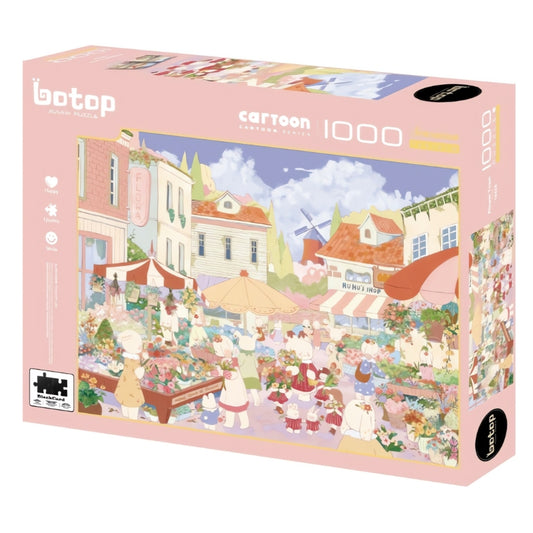 Flower Town Botop 1000 piece puzzle box with pastel flower market scene