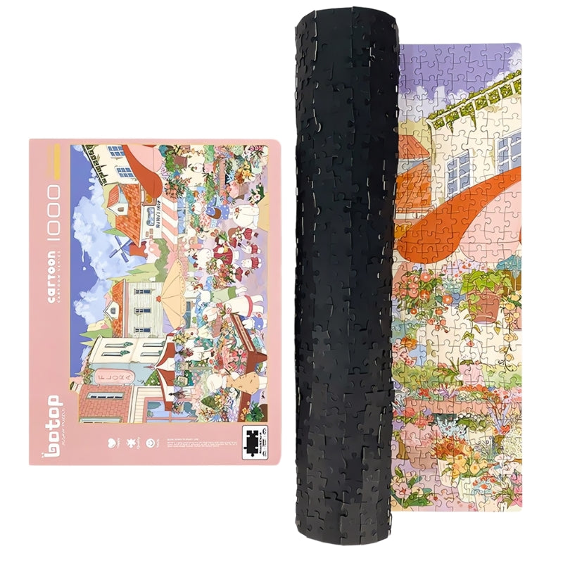 Flower Town puzzle partially completed and rolled beside its pink box