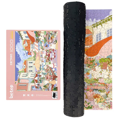 Flower Town puzzle partially completed and rolled beside its pink box