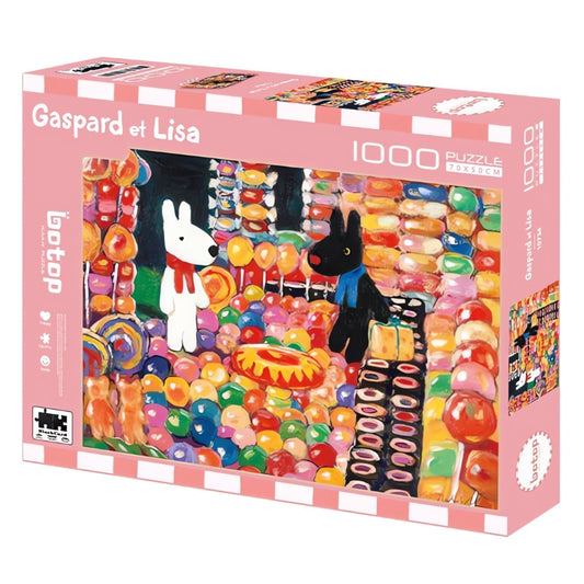 Gaspard et Lisa 1000 piece puzzle box with vibrant sweets and balloon background