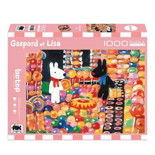 Gaspard et Lisa 1000 piece puzzle box with vibrant sweets and balloon background
