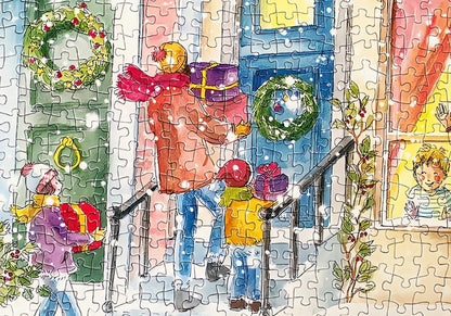 Puzzle detail of family bringing gifts to decorated houses in snowy street