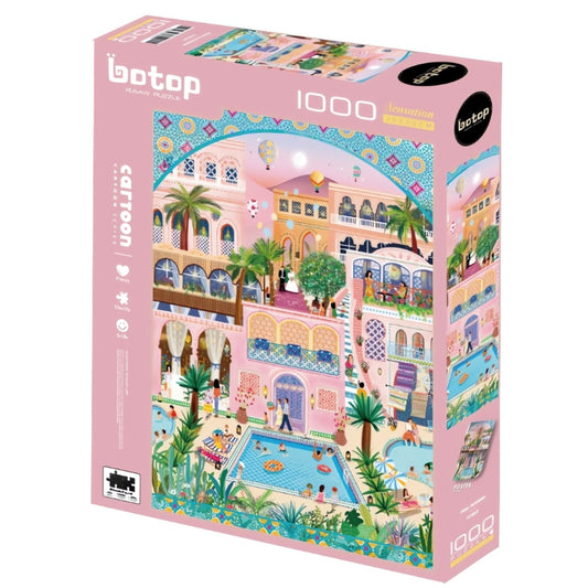 A pastel pink rectangular jigsaw puzzle box with the title "Pink Holiday" by Botop