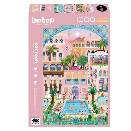 A pastel pink rectangular jigsaw puzzle box with the title Pink Holiday by Botop