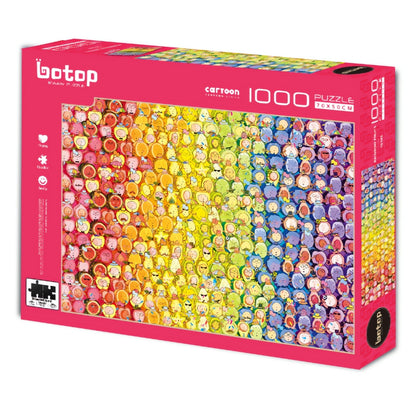 Puzzle of cute fruit characters arranged in a rainbow colour gradient from red to purple.