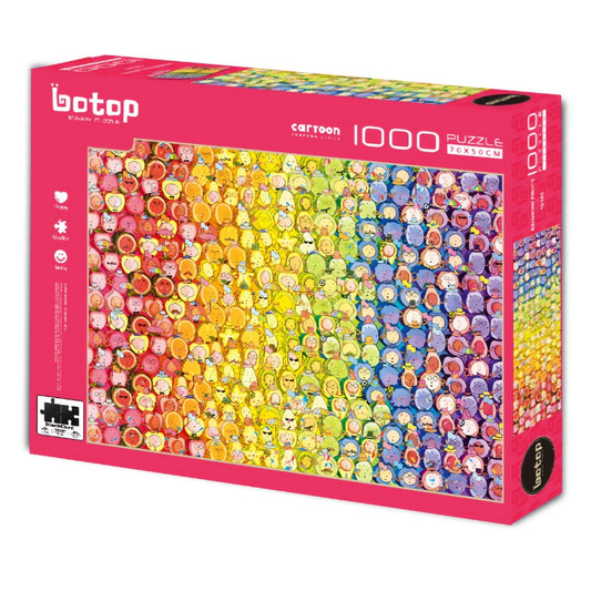 Puzzle of cute fruit characters arranged in a rainbow colour gradient from red to purple.