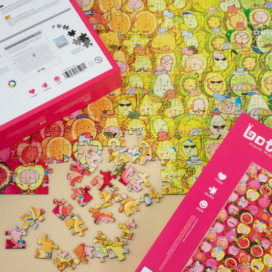 Puzzle of cute fruit characters arranged in a rainbow colour gradient from red to purple.