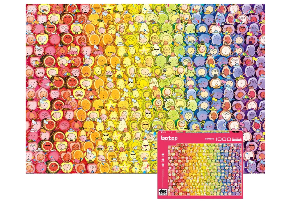 Puzzle of cute fruit characters arranged in a rainbow colour gradient from red to purple.