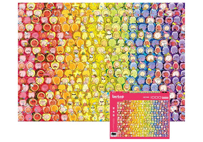 Puzzle of cute fruit characters arranged in a rainbow colour gradient from red to purple.