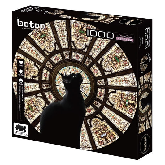 Botop 1000 piece puzzle box featuring a black cat silhouette against a round stained glass window design