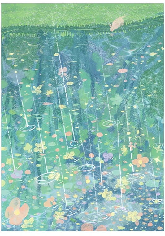 Gentle rain falling on a field of pastel flowers in dreamy forest scene