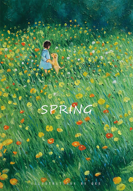 Illustration of a girl and dog walking through a colorful spring meadow filled with blooming wildflowers