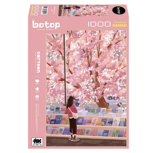 Spring Bookstore Botop 1000 piece puzzle box with girl reading under cherry blossoms