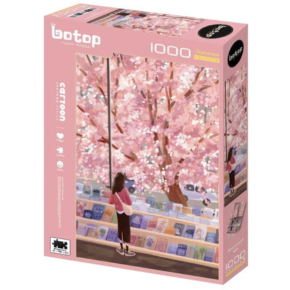 Spring Bookstore Botop 1000 piece puzzle box with girl reading under cherry blossoms