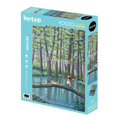 Illustrated puzzle box showing a girl and dog crossing a log bridge over water in a forest labeled “Summer”.